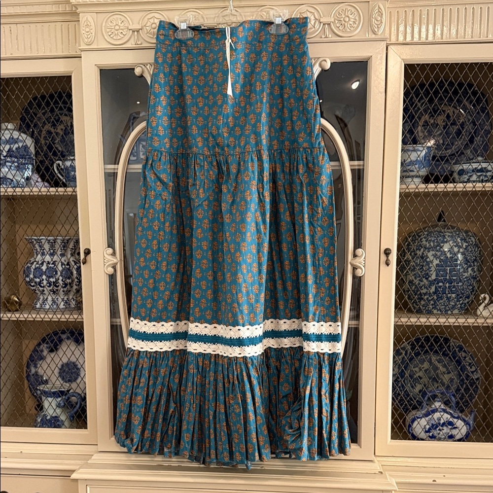 Luna Moon Teal Floral Tiered Maxi Skirt with Lace Trim